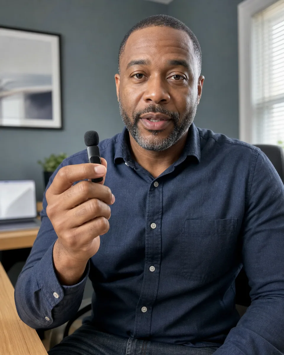 Professional creator explaining a compact microphone on camera