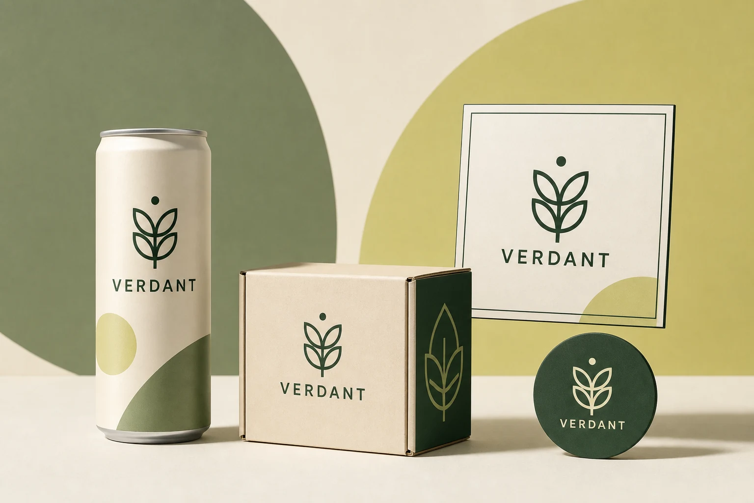 Verdant logo used consistently across a drink can, shipping box, storefront card, and social avatar