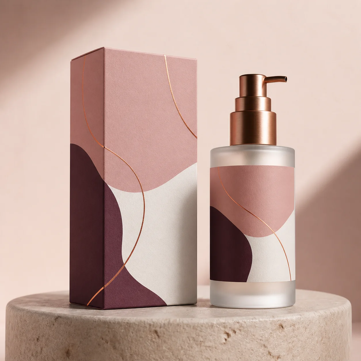 Abstract beauty packaging design applied to a rigid box and frosted pump bottle.