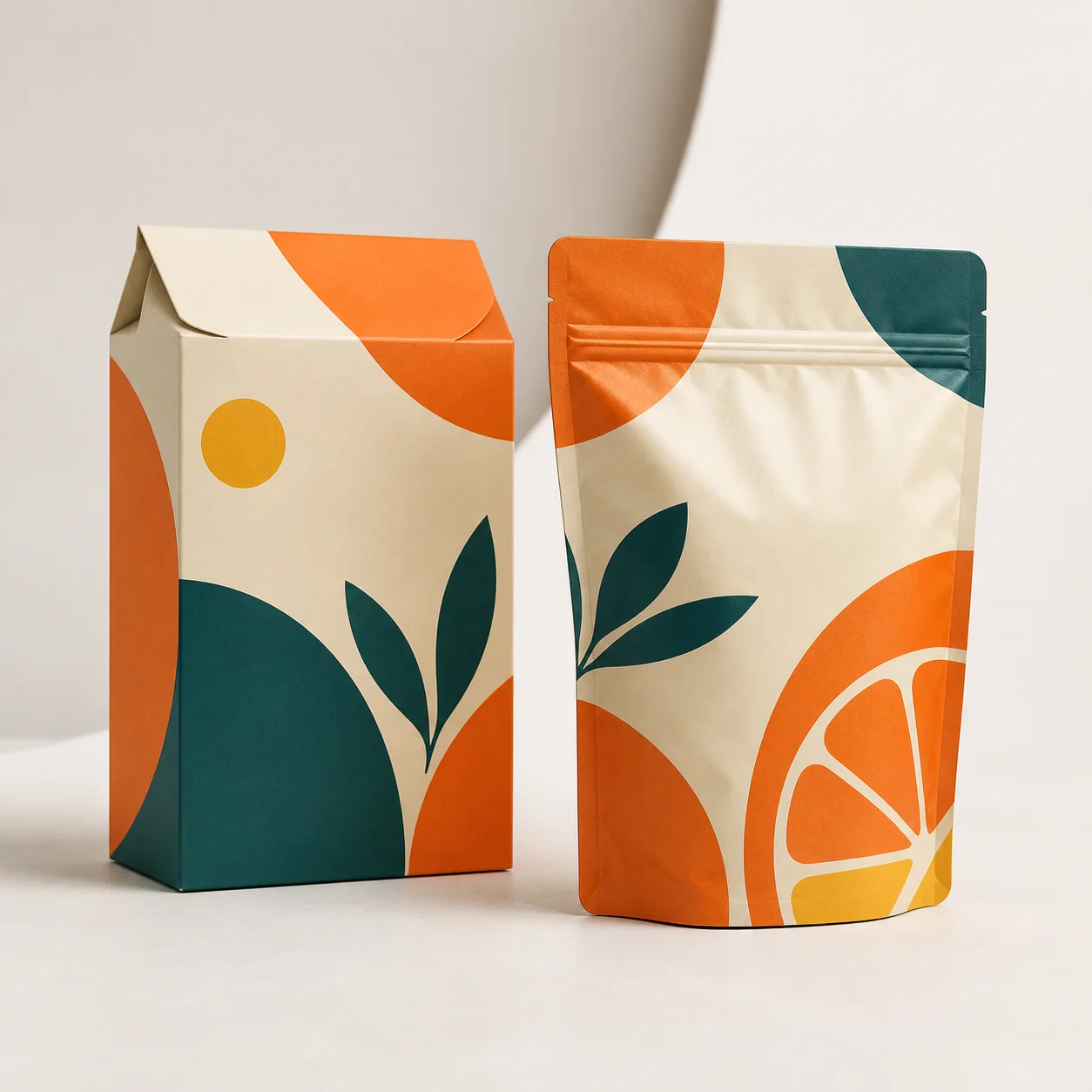 Abstract citrus design applied to a food carton and stand-up pouch.