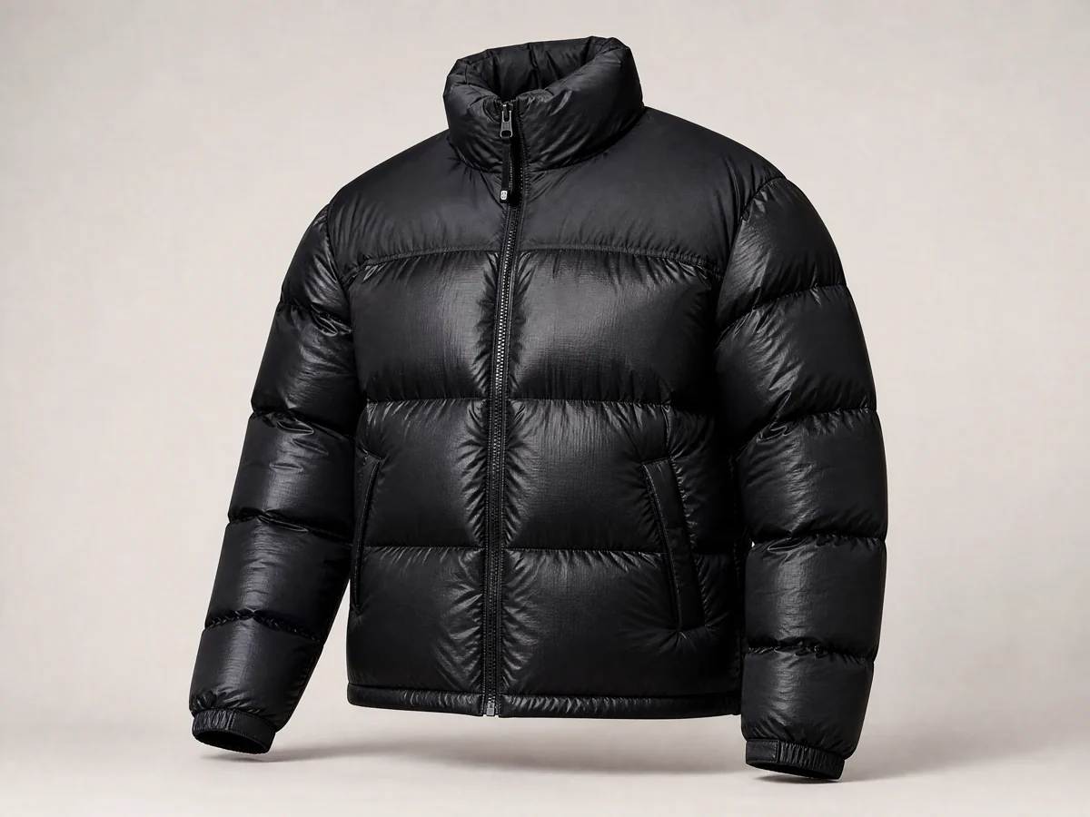 A black puffer jacket clearly separated from a warm neutral background.