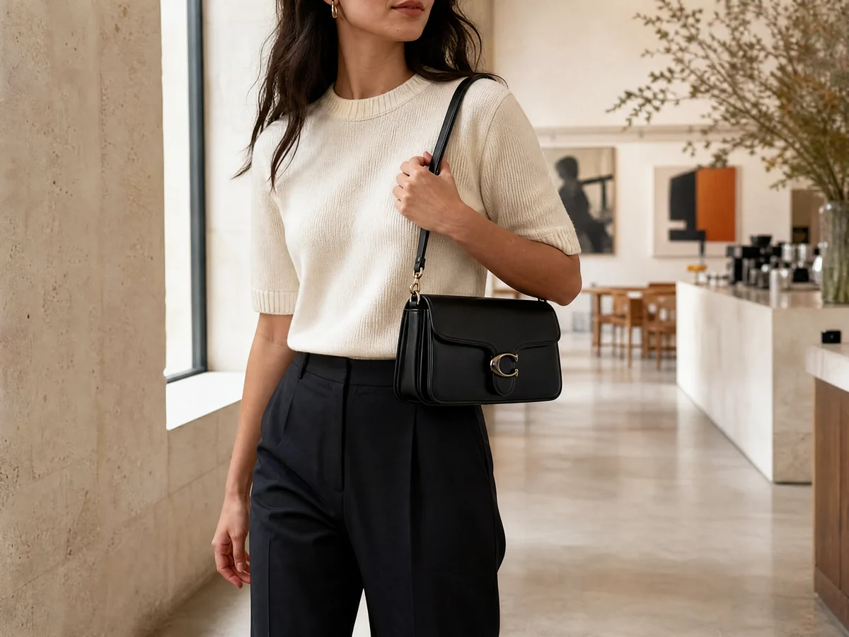 A black leather shoulder bag shown in a crop-safe lifestyle video frame.