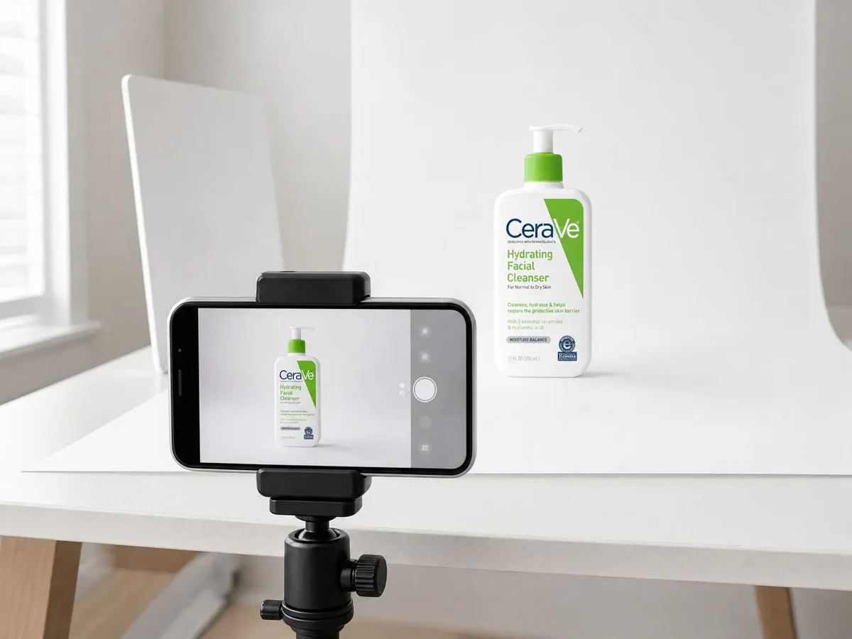 A smartphone held steadily in front of a cleanser bottle product setup.