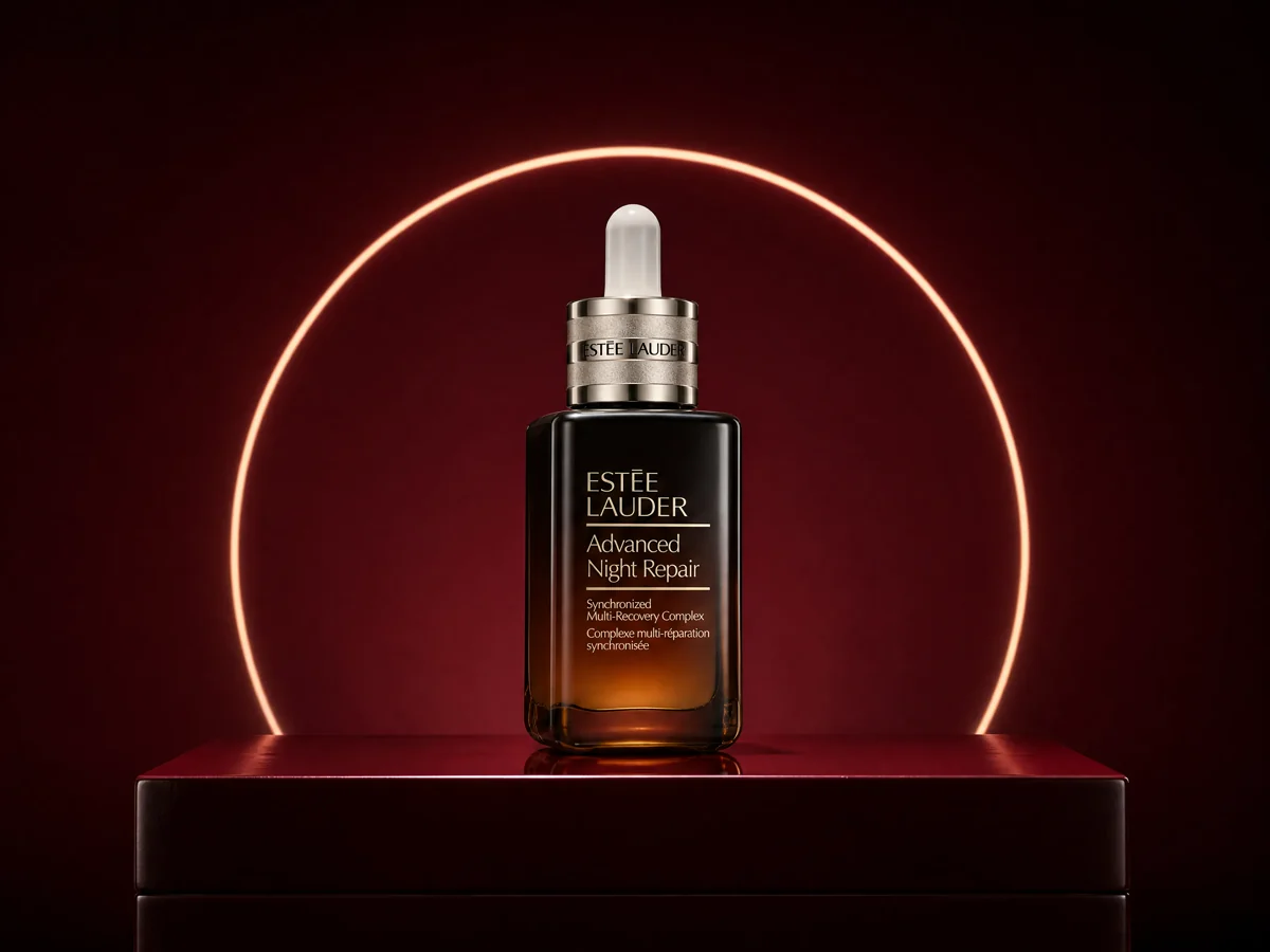 An amber serum bottle shaped by a controlled circular studio light.
