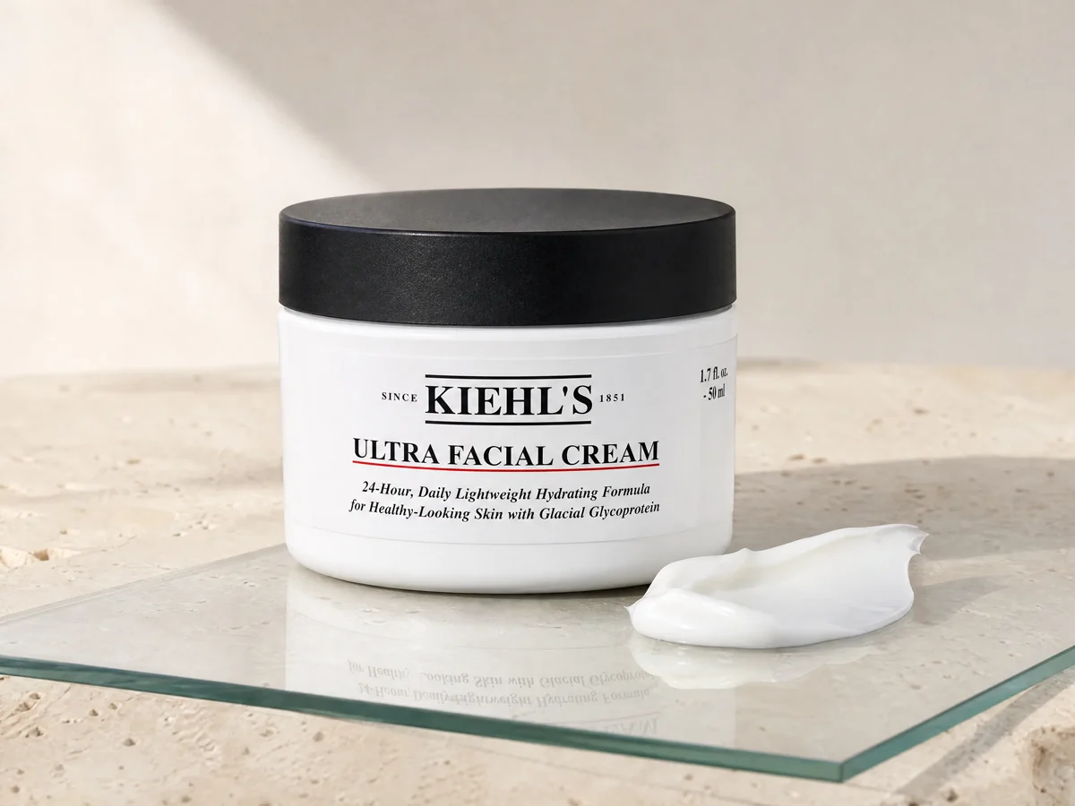 A facial cream jar paired with one restrained texture prop.