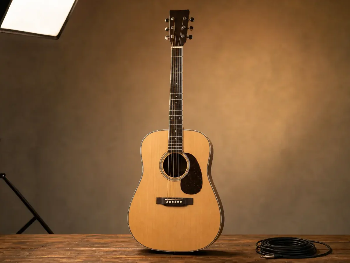 An acoustic guitar kept clearly readable under continuous warm video lighting.