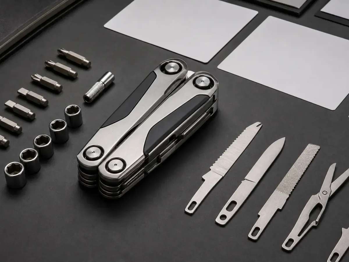 A multitool and its parts arranged as a clear product-video shot plan.