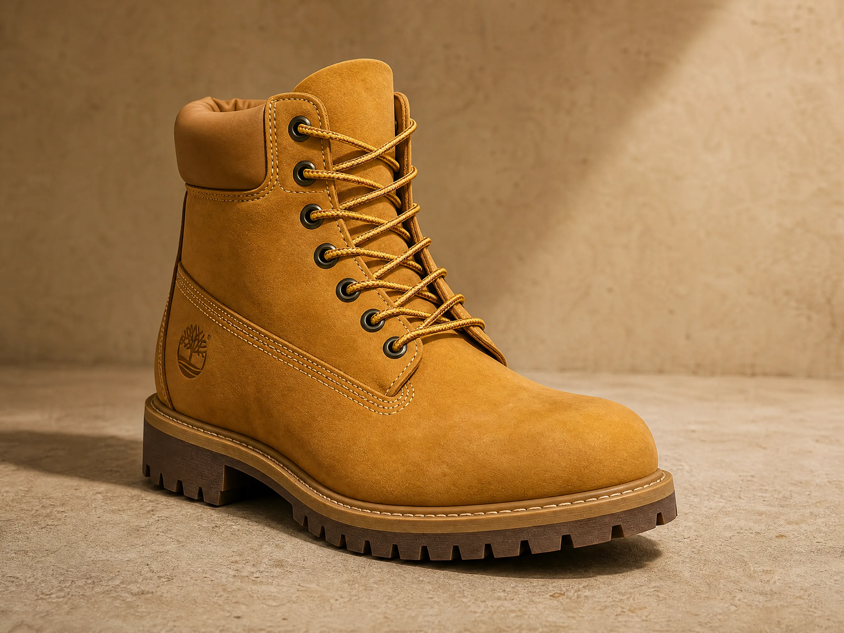 A wheat leather work boot photographed from a three-quarter angle with the sole visible.