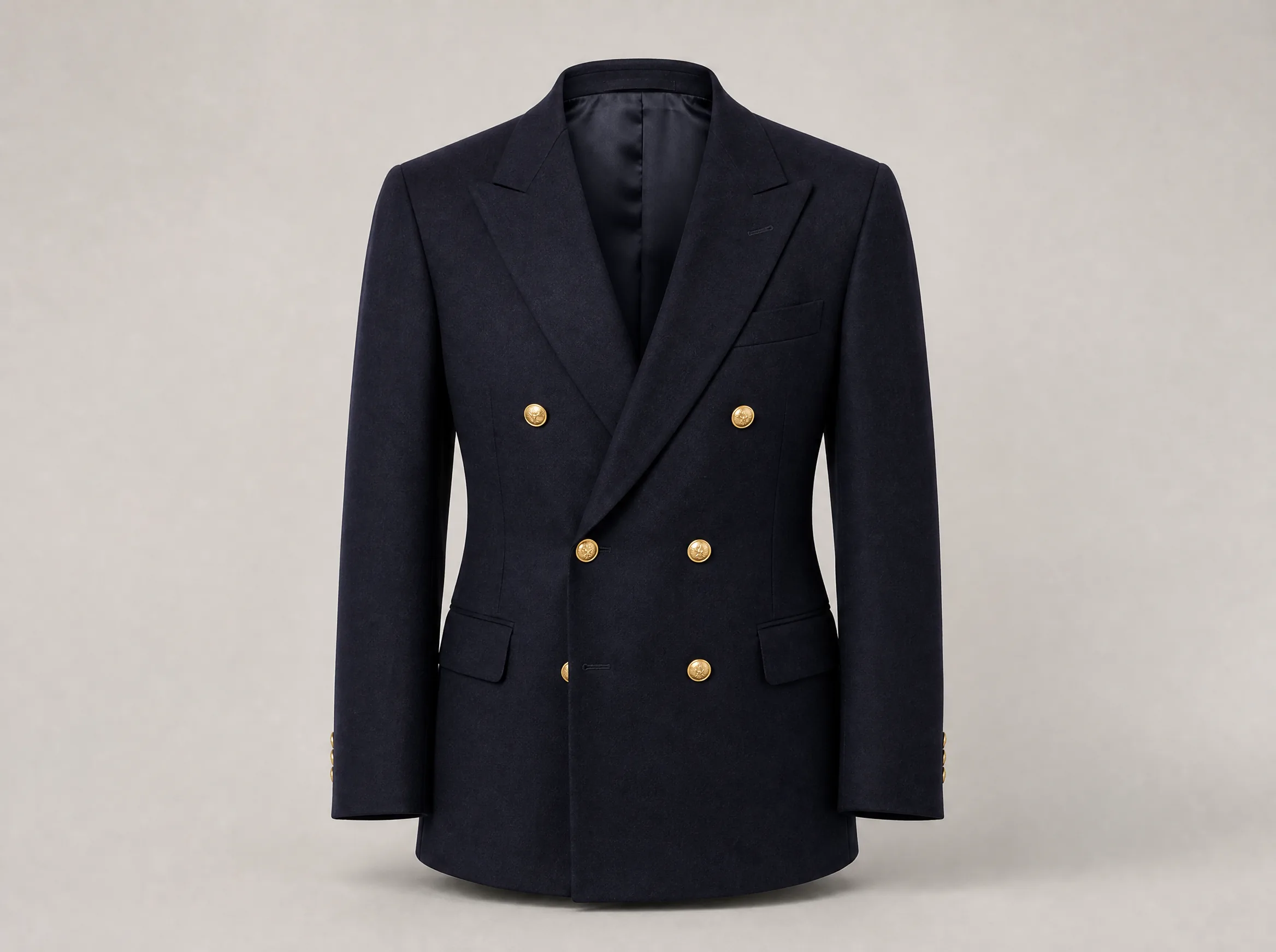 A navy blazer holding its full shape with no visible model or mannequin.
