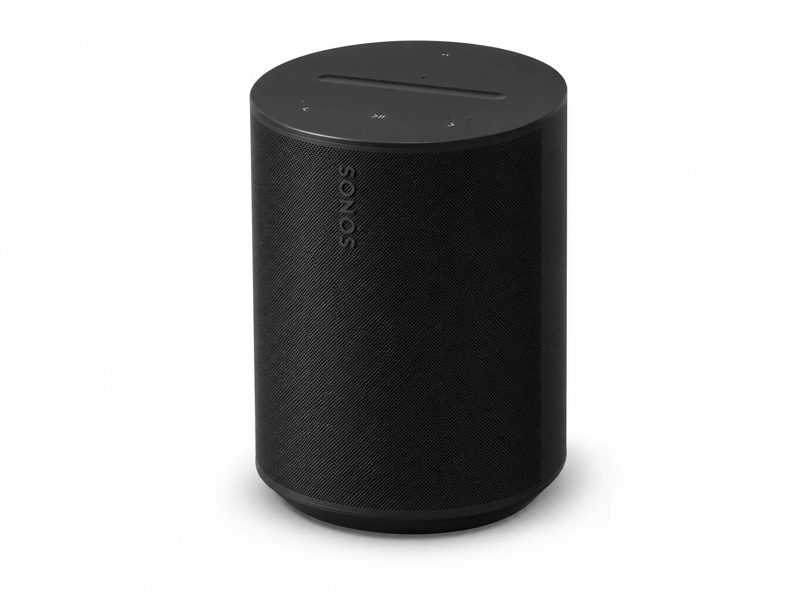 A compact black wireless speaker on a clean white background with a natural soft shadow.